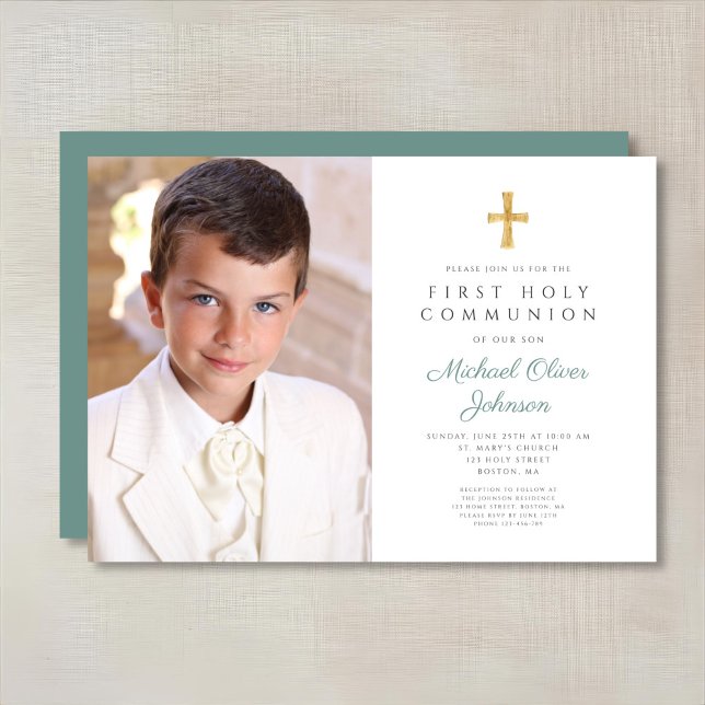 Elegant Grönt Kor Photo Boy First Communion Inbjudningar (Elegant Green Cross Photo Boy First Communion Invitation)