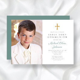 Elegant Grönt Kor Photo Boy First Communion Inbjudningar