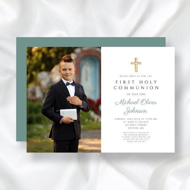 Elegant Grönt Kor Photo Boy First Communion Inbjudningar (Elegant Green Cross Photo Boy First Communion Invitation)