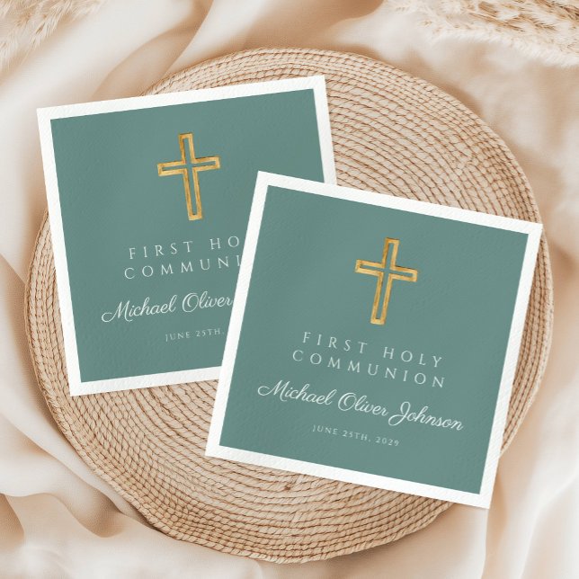 Elegant Grönt Kor Religiösa Första kommissionen Pappersservett (Elegant Green Cross Religious First Communion Napkins)