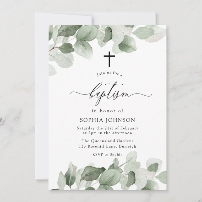 Elegant Grönt Löv Modern Girl eller Boy Baptism Inbjudningar (Framsida)