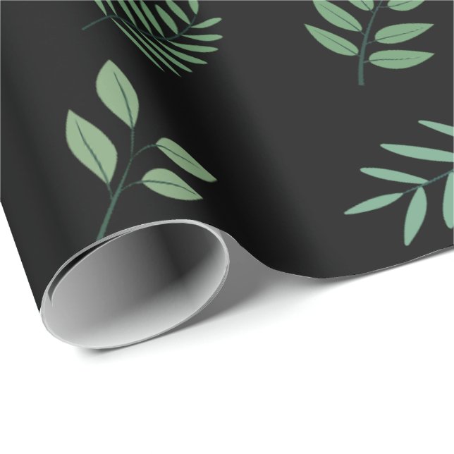 Elegant Grönt Löv Wrapping Papper på Black Presentpapper (Rullad Hörn)