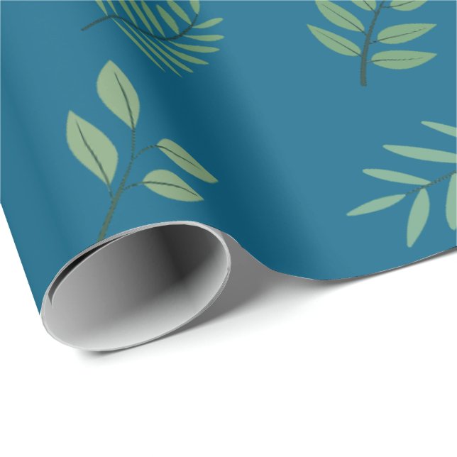 Elegant Grönt Löv Wrapping Papper på Ocean Blue Presentpapper (Rullad Hörn)
