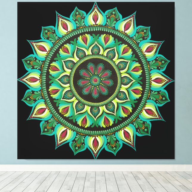 Elegant Grönt Mandala | Bohemian Zen Minimalist Canvastryck (Insitu (trägolv))