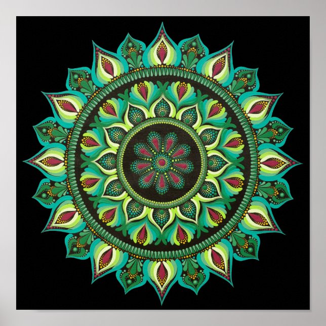 Elegant Grönt Mandala | Bohemian Zen Minimalist Poster (Framsidan)