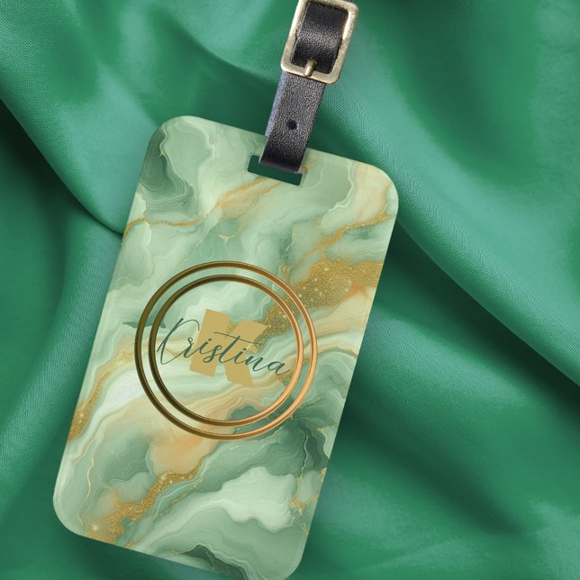 Elegant Grönt Marble med Guld Glitter Veins Bagagebricka (Skapare uppladdad)