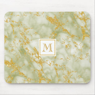 Elegant Grönt Marble Monogram Faux Guld Glitter Musmatta