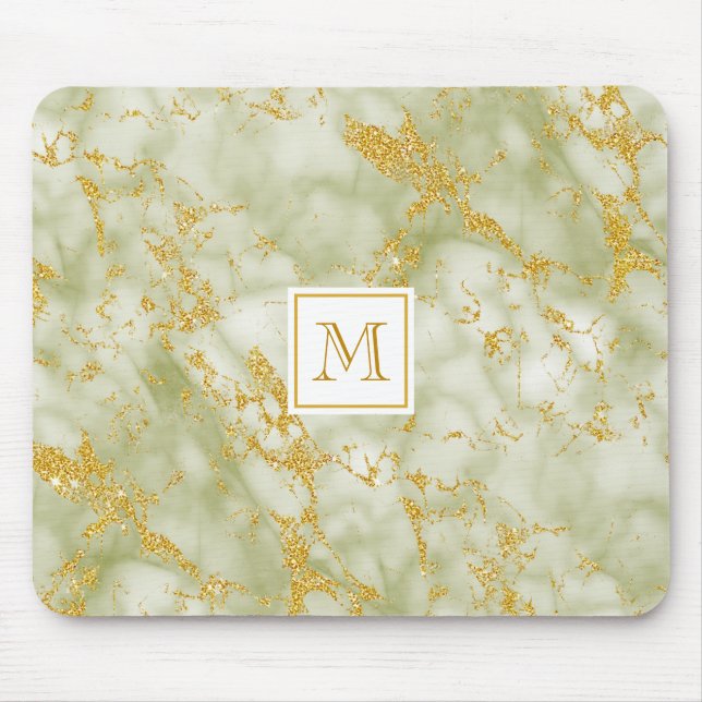 Elegant Grönt Marble Monogram Faux Guld Glitter Musmatta (Framsidan)