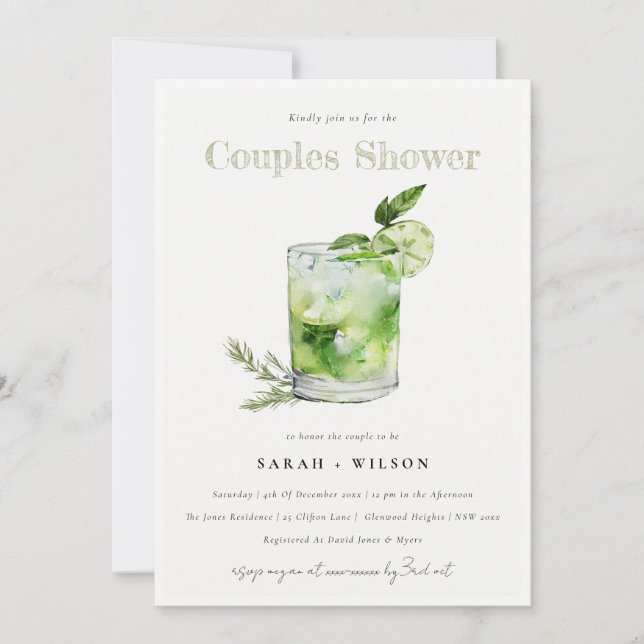 Elegant Grönt Margarita Cocktail Par Shower Inbjudningar (Framsida)