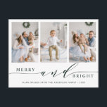 Elegant Grönt Merry & Bright 3 Photo Helgdag Vykort<br><div class="desc">Enkel helgdag och elegant för fotovykort. Om du vill ha en mer avancerad anpassning av den här designen klickar du på länken Anpassa ytterligare för att ändra teckensnitt,  storlekt,  färg osv.</div>