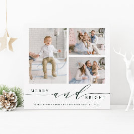 Elegant Grönt Merry & Bright 3 Photo Square Julkort