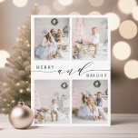 Elegant Grönt Merry & Bright 4 Photo Collage Julkort<br><div class="desc">Helgdag av enkelt och elegant med anpassningsbar på baksidan. Om du vill ha en mer avancerad anpassning av den här designen klickar du på länken Anpassa ytterligare för att ändra teckensnitt,  storlekt,  färg osv.</div>
