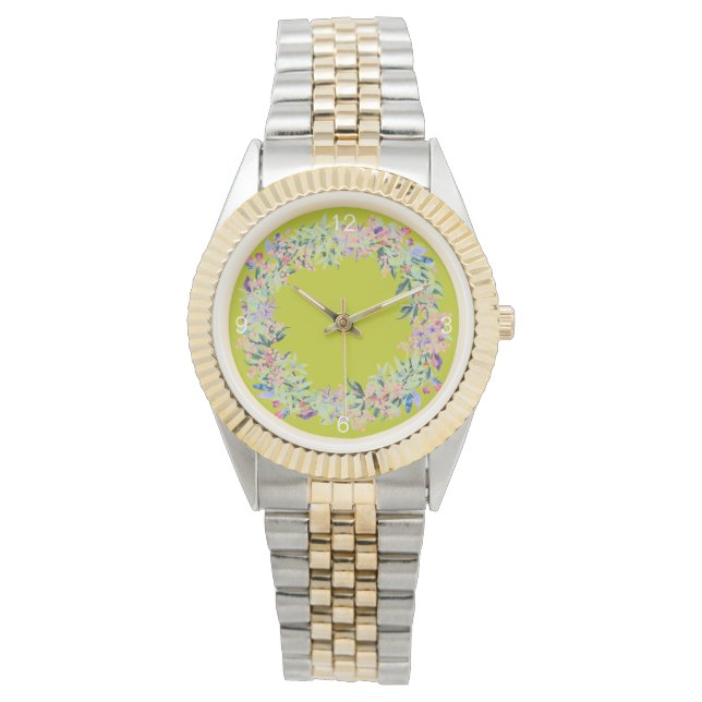 Elegant Grönt Modern Blommigt Kvinnobevakning Armbandsur (Framsida)