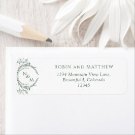 Elegant Grönt Monogram Bröllop Returadress Etikett