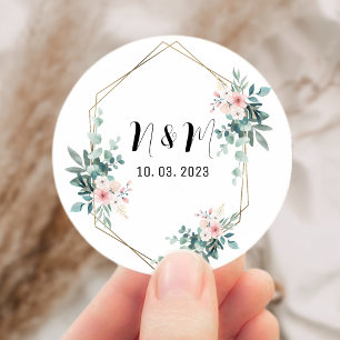 Elegant Grönt Monogram Eucalyptus Bröllop Runt Klistermärke