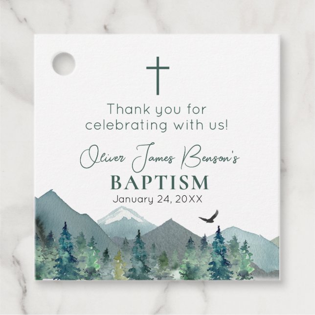 Elegant Grönt Mountain Boy Baptism Communion Gåvor Etiketter (Framsida)