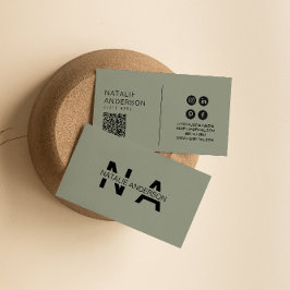 Elegant Grönt Neutralt QR Monogram Logotyp Boho Visitkort