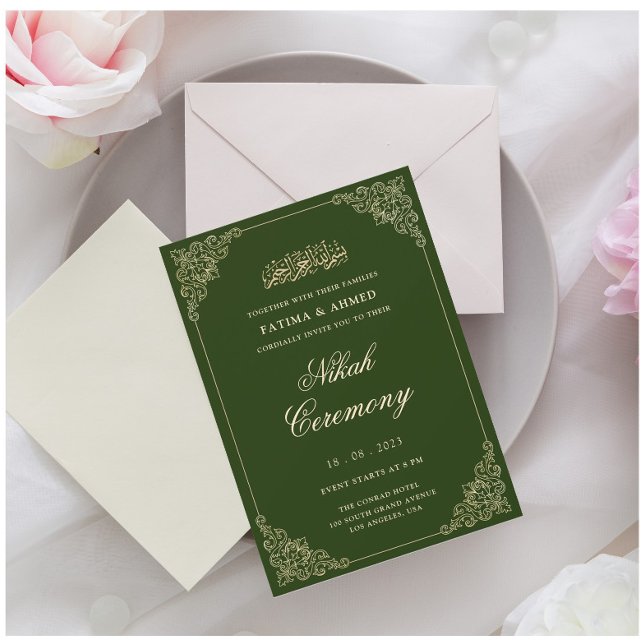 Elegant Grönt Nikah Islamic Muslim Bröllop Inbjudningar (Skapare uppladdad)