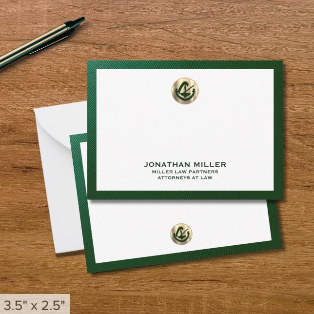 Elegant Grönt Notecard med Guld Logotyp Law Firm Anteckningskort (Skapare uppladdad)
