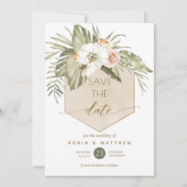 Elegant Grönt och Beige Handflatan Löv Blommigt Spara Datumet