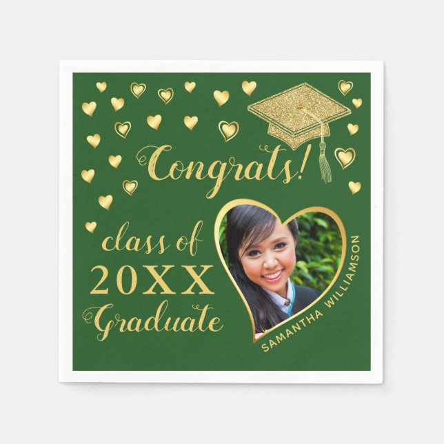 Elegant Grönt och Guld 2025 Studenten Pappersservett (Framsidan)