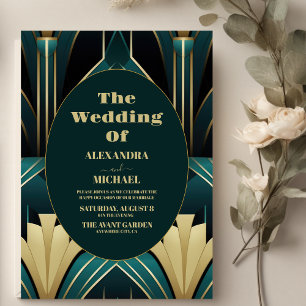 Elegant Grönt och Guld Art Deco Bröllop Inbjudningar