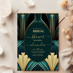 Elegant Grönt och Guld Art Deco Möhippa Inbjudningar
