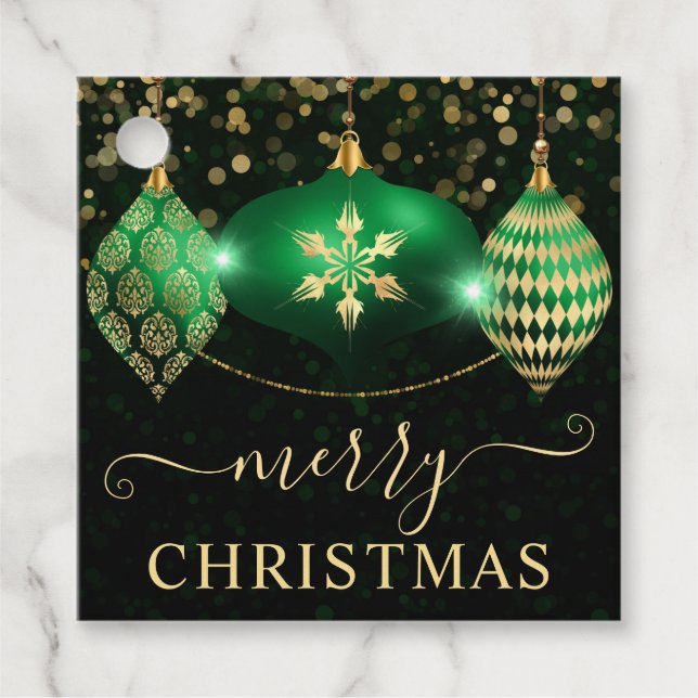 Elegant Grönt och Guld Baubles jul Gåvor Etiketter (Framsida)