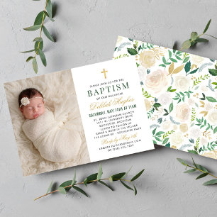Elegant Grönt och Guld Blommigt Fotobaptism Inbjudningar