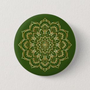 Elegant Grönt och Guld Blommigt Mandala Mönster Knapp