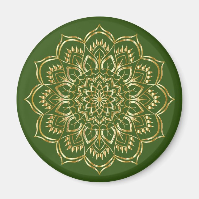 Elegant Grönt och Guld Blommigt Mandala Mönster Magnet (Framsidan)