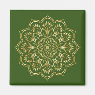 Elegant Grönt och Guld Blommigt Mandala Mönster Magnet