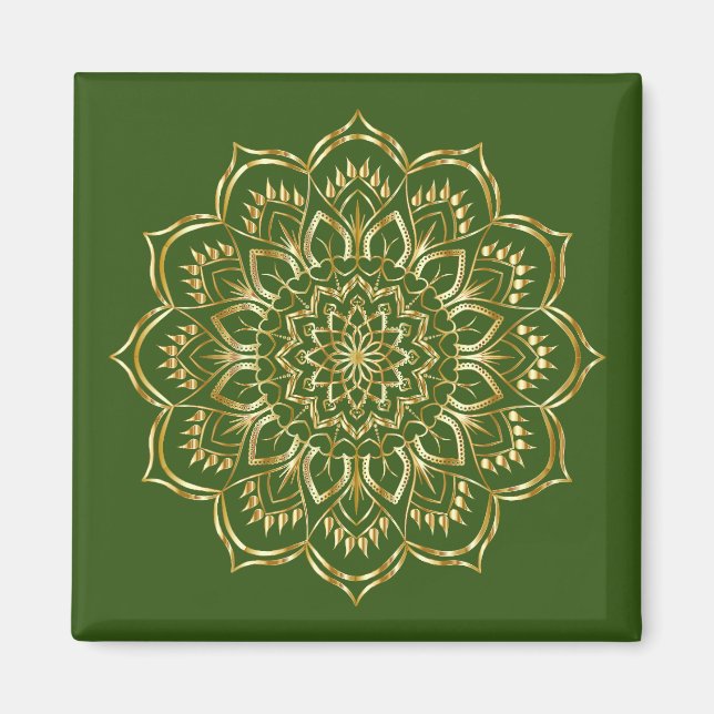 Elegant Grönt och Guld Blommigt Mandala Mönster Magnet (Framsidan)