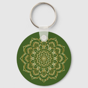 Elegant Grönt och Guld Blommigt Mandala Mönster Nyckelring