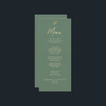 Elegant Grönt och Guld Boho Garden Middag Bröllop Meny<br><div class="desc">Elegant Grönt och Guld minimalistmeny Bröllop En guld och finare chic-middagsmeny i elegant och i klass bröllop och grönt. Den har samma konst som rustic eucalyptus guld löv och emerald sage grönt boho bakgrund med namn från make och hustru och datum. I guld skriver man typografi. Anpassa den genom att...</div>