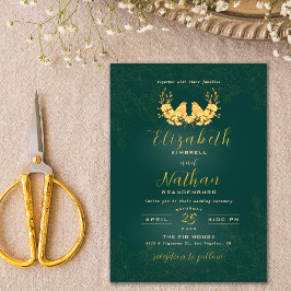 Elegant Grönt och Guld fågelfåglar Blommigt Bröllo Inbjudningar