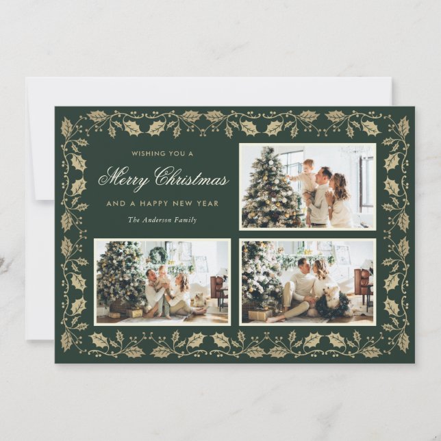 Elegant Grönt och Guld-familjfoto Julkort (Framsida)