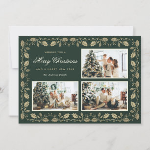 Elegant Grönt och Guld-familjfoto Julkort