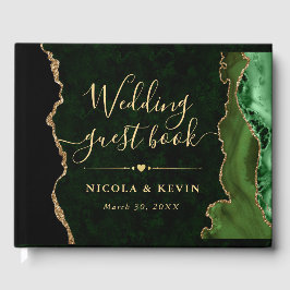 Elegant Grönt och Guld Faux Glitter Agate Bröllop Gästböcker