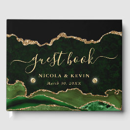 Elegant Grönt och Guld Faux Glitter Agate Bröllop Gästböcker