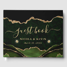 Elegant Grönt och Guld Faux Glitter Agate Bröllop Gästböcker