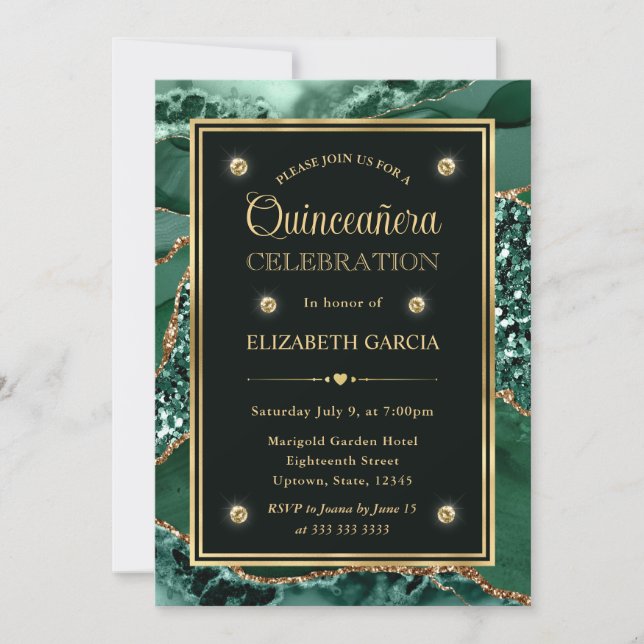 Elegant Grönt och Guld Glitter Agate Quinceanera Inbjudningar (Framsida)