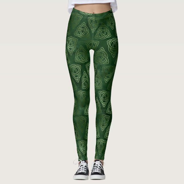 Elegant Grönt och Guld Irish Celtic Mönster Leggings (Framsida)