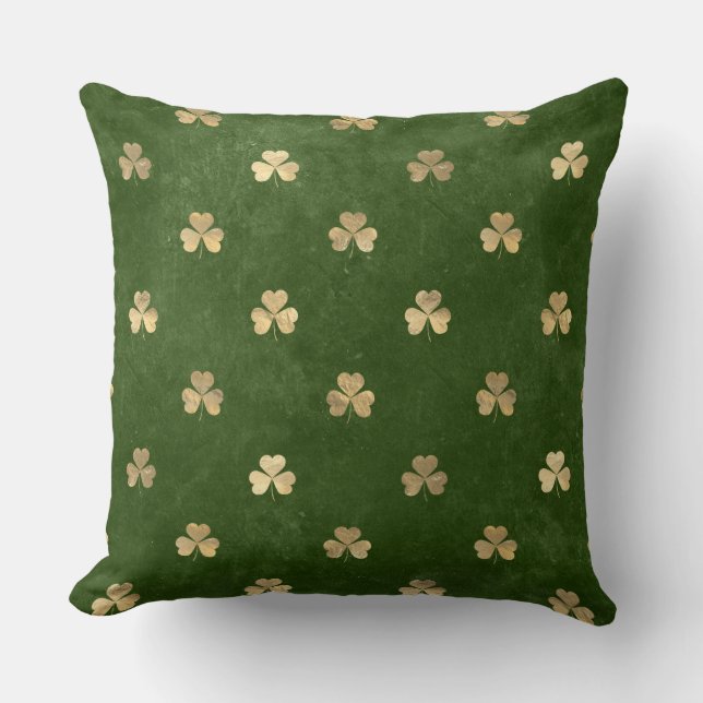 Elegant Grönt och Guld Irish Shamrock Klöver Kudde (Framsida)