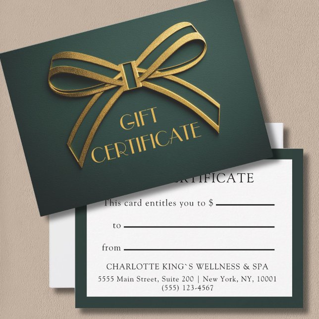 Elegant-Grönt och Guld-kort för menyflikskort (Custom Elegant Green & Gold Ribbon Gift Certificate Card)