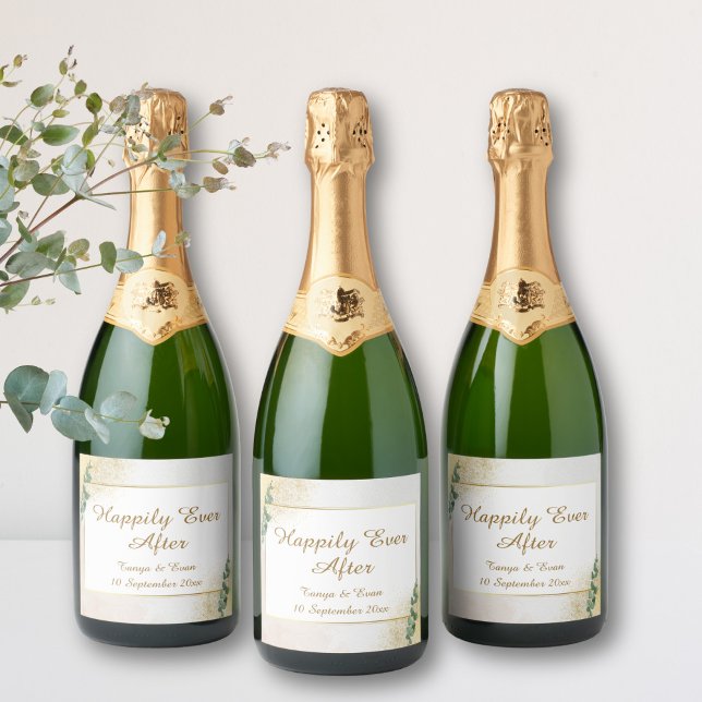 Elegant Grönt och Guld Photo Bröllop (Elegant Green & Gold Wedding Sparkling Wine Label)