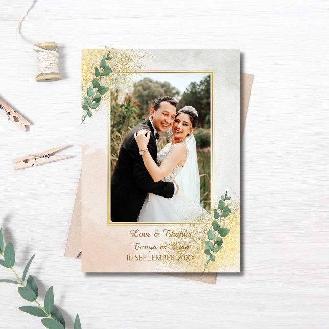 Elegant Grönt och Guld Photo Bröllop Tack Kort (Elegant Green & Gold Photo Wedding Thank You Card)
