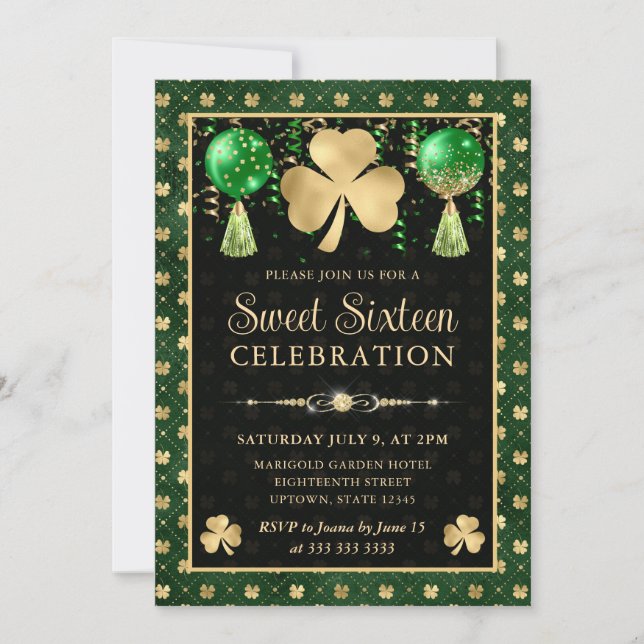 Elegant Grönt och Guld Shamrock Sweet sixteen Inbjudningar (Framsida)