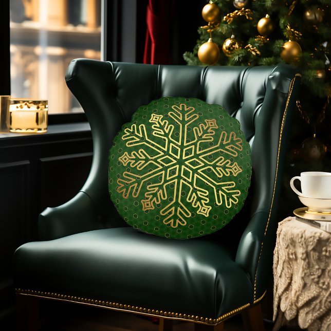 Elegant Grönt och Guld Snowflake Decorative Rund Kudde (Classic Decorative Christmas Green Snowflake Pillow)