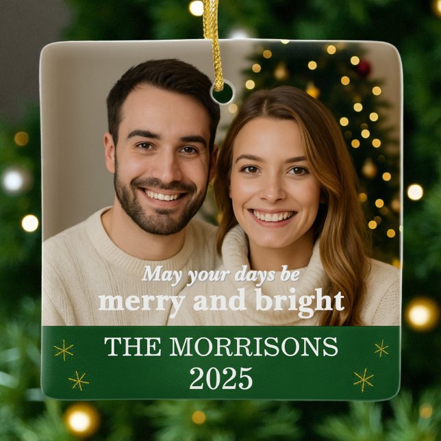 Elegant Grönt och Guld Snowflake Family Photo Julgransprydnad Keramik (Skapare uppladdad)